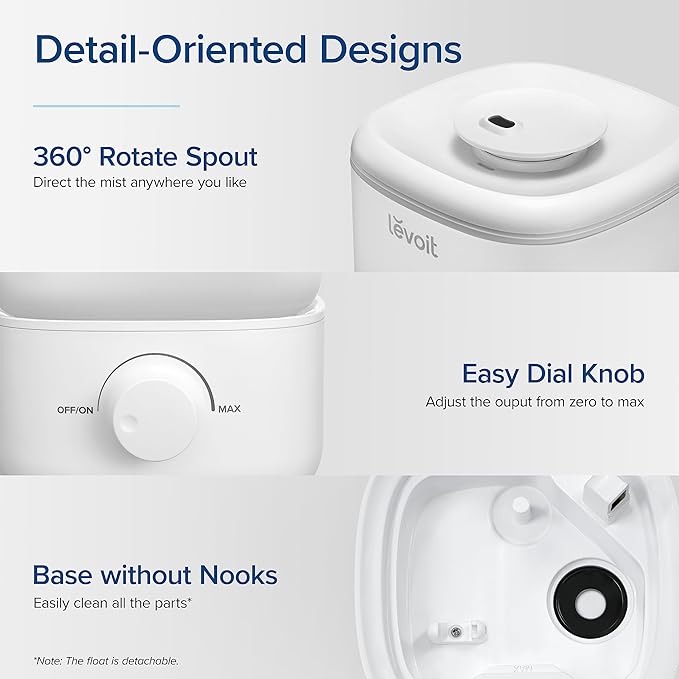 LEVOIT Top Fill Humidifiers for Bedroom, 2.5L Tank for Large Room, Easy to Fill & Clean, 28dB Quiet Cool Mist Air Humidifier for Home Baby Nursery & Plants, Auto Shut-off for Safety, 25H