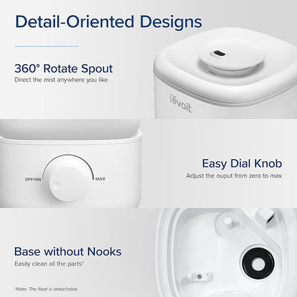 LEVOIT Top Fill Humidifiers for Bedroom, 2.5L Tank for Large Room, Easy to Fill & Clean, 28dB Quiet Cool Mist Air Humidifier for Home Baby Nursery & Plants, Auto Shut-off for Safety, 25H