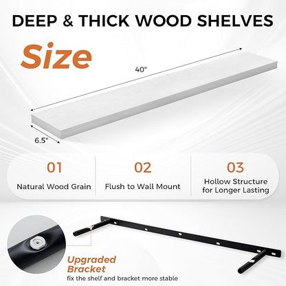 Fun Memories Floating Shelves for Wall, 40 Inch Floating Shelves for Home Decor, Wall Mounted Rustic Wood Shelves, Bathroom, Hanging Deep Shelf for Bedroom, Living Room, Kitchen (White, Set of 2)