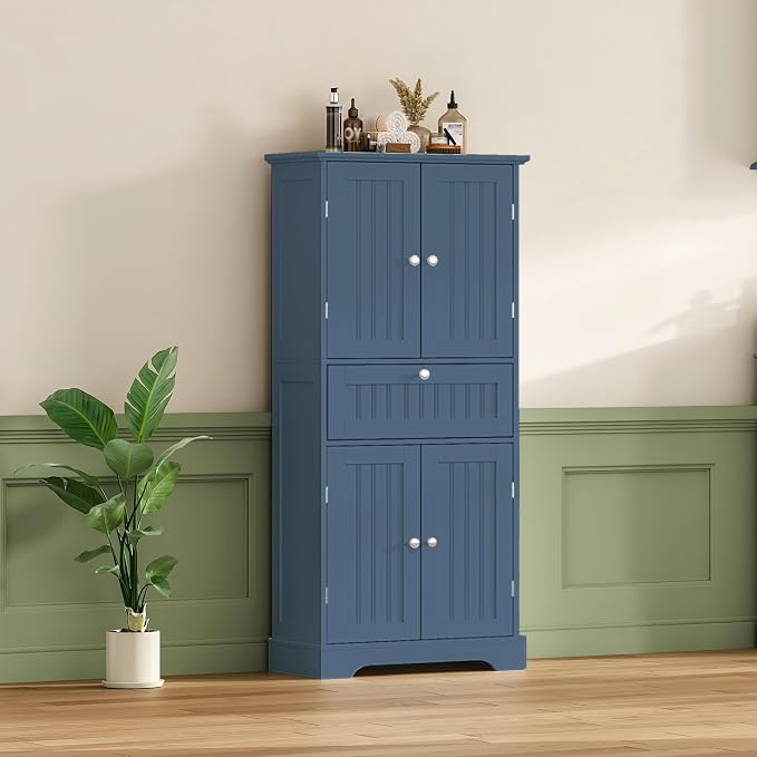 ChooChoo 51" H Tall Bathroom Floor Cabinet, Modern Bathroom Storage Cabinet with Drawer and Adjustable Shelves, Freestanding Kitchen Pantry Cupboard with 4 Doors for Living Room, Blue
