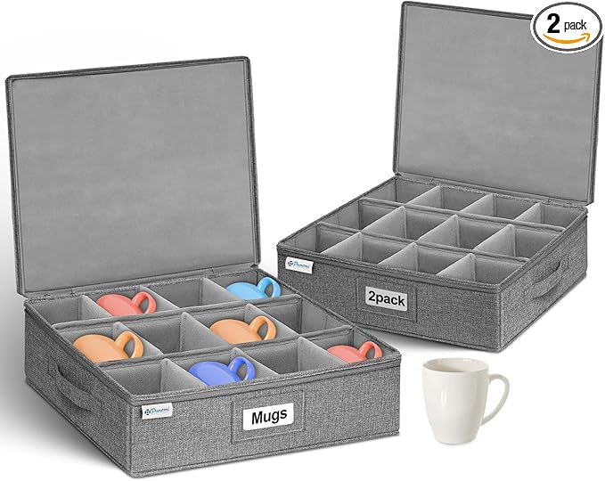 punemi Mug Storage Organizer w/Hard Shell Sides & Bottom, Padded Dividers, 2-Pack Stackable Coffee Mug Storage Boxes for Tea Cups, China Storage Containers for Packing & Moving