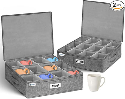 punemi Mug Storage Organizer w/Hard Shell Sides & Bottom, Padded Dividers, 2-Pack Stackable Coffee Mug Storage Boxes for Tea Cups, China Storage Containers for Packing & Moving