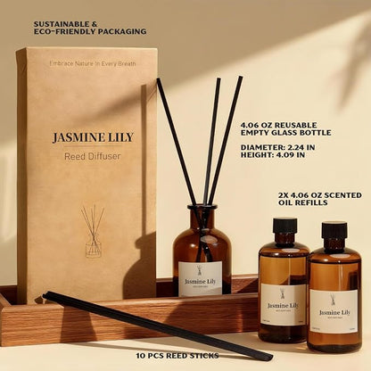 Reed Diffuser Set, 8.12 fl.oz Jasmine Lily Scented Diffuser with 10 Reed Sticks, Up to 120 Days, Home Fragrance Reed Diffuser for Bathroom Office Shelf Decor & Air Fresheners, 2 Pack