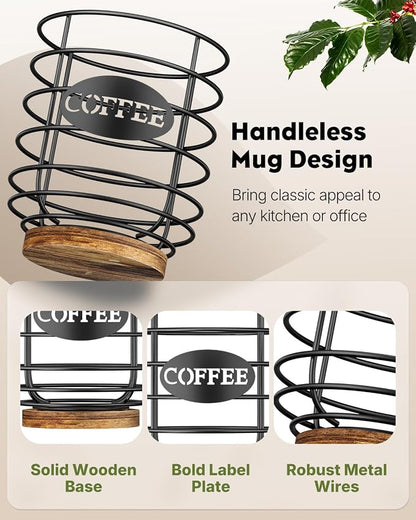 Uniclife Coffee Pod Holder K Cup Holder with Ice Tongs, Large Capacity Coffee Pod Storage for 10-30 Capsules Metal Wire Cup Organizer Coffee Pod Organizer with Wooden Base, Storage Basket for Kitchen