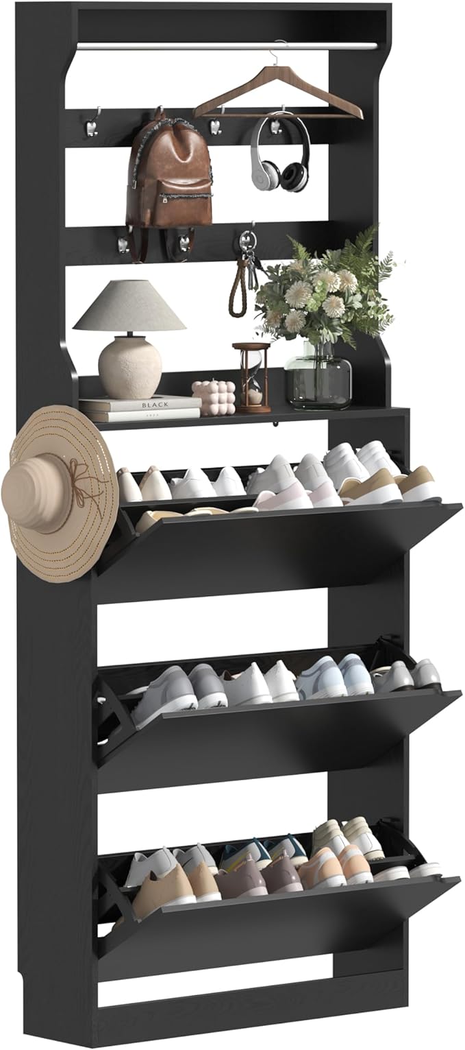 Tall Shoe Cabinet with Coat Rack, Hidden Shoe Storage Cabinet with Doors & Drawer, Hanging Bar & Hooks, Slim Narrow Freestanding Shoe Rack Organizer for Entryway, Hallway & Living Room, Black