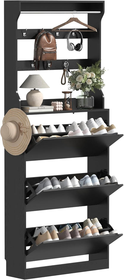 Tall Shoe Cabinet with Coat Rack, Hidden Shoe Storage Cabinet with Doors & Drawer, Hanging Bar & Hooks, Slim Narrow Freestanding Shoe Rack Organizer for Entryway, Hallway & Living Room, Black
