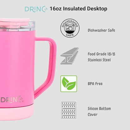 Drinco 16 oz Coffee Mug, Vacuum Insulated Camping Mug with Lid, Double Wall Stainless Steel Travel Mug Insulated Tumblers Coffee Mugs Coffee Cups Tea Cup (16oz Island Pink)