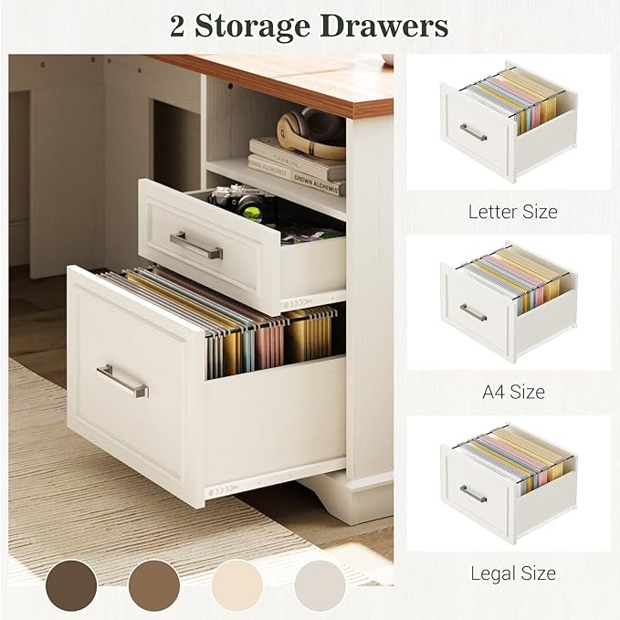 Unikito Farmhouse L Shaped Executive Desk with File Drawers, 60" Corner Computer Desk with Power Outlets, Large 2 Person Home Office Table with Storage Cabinet, Sturdy Writing Desk, White and Brown