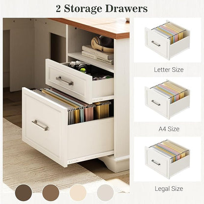 Unikito Farmhouse L Shaped Executive Desk with File Drawers, 60" Corner Computer Desk with Power Outlets, Large 2 Person Home Office Table with Storage Cabinet, Sturdy Writing Desk, White and Brown