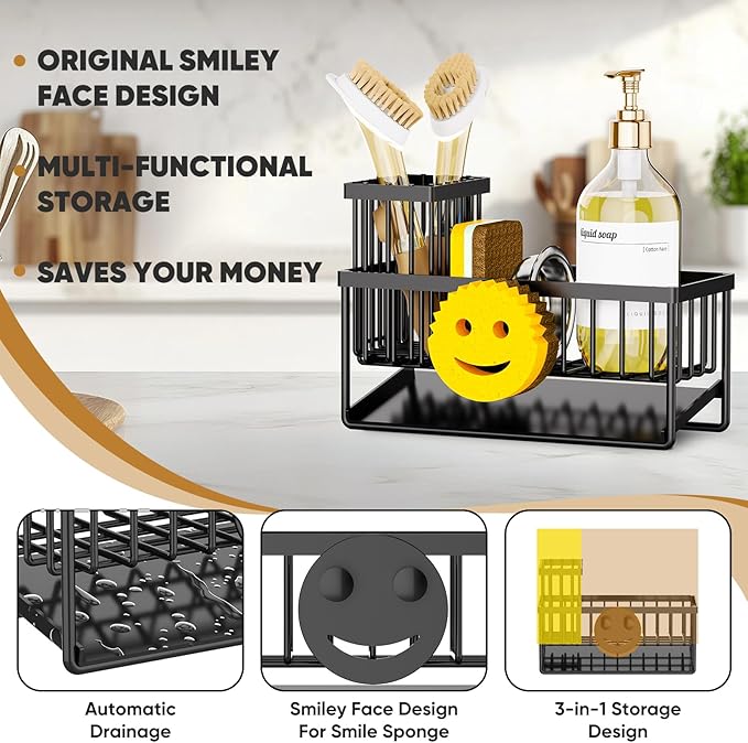 Taugast Sponge Holder for Kitchen Sink,Smiley Face Sink Caddy with Removable Brush Holder,Self-Draining Sponge Caddy for Soap,Dish Brush,Scrubber,Kitchen Essentials and Gadgets