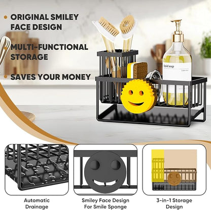 Taugast Sponge Holder for Kitchen Sink,Smiley Face Sink Caddy with Removable Brush Holder,Self-Draining Sponge Caddy for Soap,Dish Brush,Scrubber,Kitchen Essentials and Gadgets