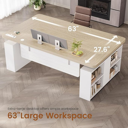 SEDETA 63" Executive Standing Desk with Storage, Executive Height Adjustable Desk with Power Outlets, Large Computer Office Desk with Privacy Panel for Home Office, Natural Oak