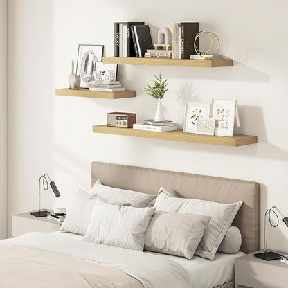 Vivelove 12 Inch Deep Floating Shelves 36 inch Long, 2 Inch Thick Wall Shelves with Invisible Brackets, Shelf for Bedroom Bathroom Living Room Kitchen Office Home Decor, Modern Shelf Set of 2, Oak