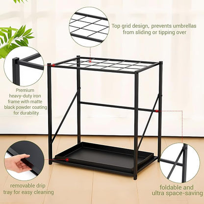 Colingmill Folding Umbrella Storage Stand Rack Holder Organizer Free Standing Umbrella Rack with Removable Drip Tray for Entryway Home Office Hotel Entry Hallway(L18.31 X W11.89 X H19.69 Inch)