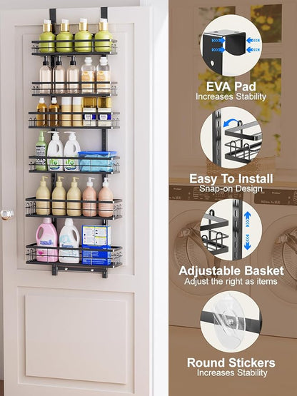 Delamu Over the Door Pantry Organizer, 6 Tier Pantry Door Organizer with Adjustable Basket, Door Spice Rack Seasoning Organizer, Metal Hanging Pantry Organizers and Storage for Kitchen,15.3" Black
