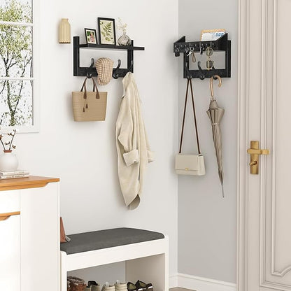 Evermagin 29" Coat Rack Wall Mount with Shelf, 4 in 1 Wall Mounted Coat and Key Hanger with 11 Hooks, Entryway Key Holder with Mail Holder for Living Room, Bedroom, Black