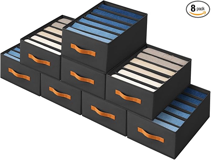 Homsorout Closet Organizers and Storage - Fabric Clothes Organizer with Handles, Foldable Jeans Organizer for Clothes, Drawer Organizer for Shirts, Bra, Sweater, Scarf, 8 Pack, Black