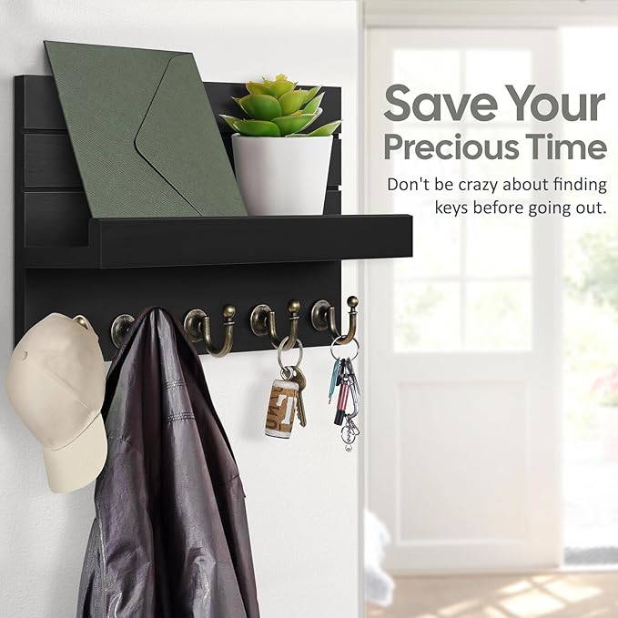 Key Holder for Wall: Easy Installation Mail Organizer Wall Mount Hanging Key Rack for Kitchen and Entryway Decor with 5 Sturdy Key Hooks (Black)