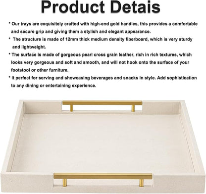Beige Faux Leather Serving Tray with Handles – Large Decorative Tray for Coffee Table, Ottoman, Living Room, Bathroom – Home Decor