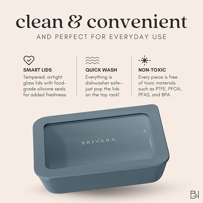 BRIVARA HOME Ceramic Coated Glass Food Storage Container | No PTFE, PFOA, PFAS, and BPA | Reusable Non Toxic Meal Prep Container with Glass Lid | Easy To Store | 2.5 Cup Square [Dusk]