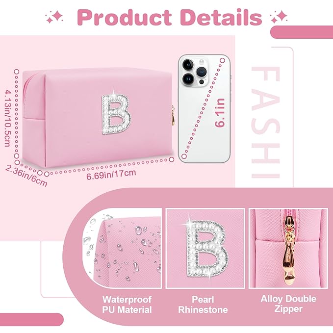 ChaoGreat Bride Gifts – Personalized Initial Makeup Bag with Pearl Rhinestone Patch, Preppy Pink Monogram Cosmetic/Toiletry Pouch, bridesmaid Gifts, Bridal Shower Gifts, Wedding Gifts, Bridal Gifts,B
