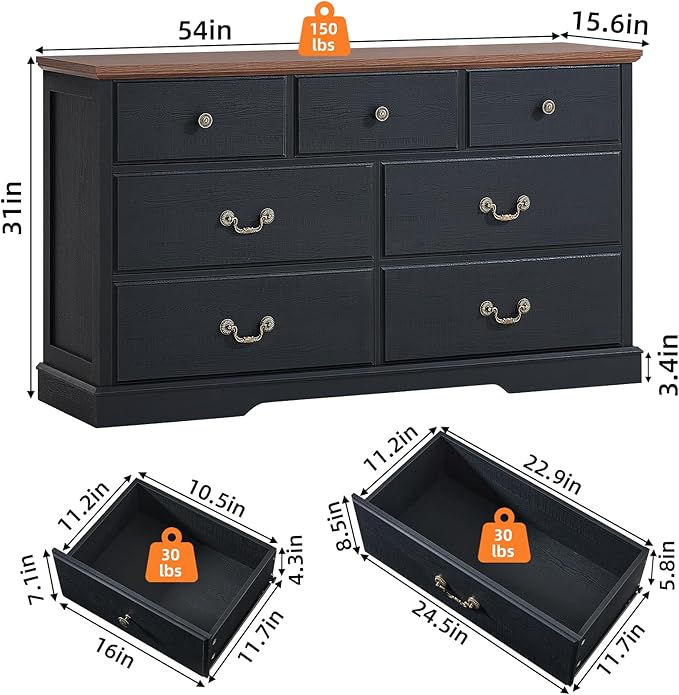 Farmhouse 7 Drawer Dresser for Bedroom,55" Wide Wood Rustic Chest of Drawers,Farmhouse Chest of Drawers for Bedroom,Wood Drawer Organizer for Living Room, Hallway,Bedroom,Black