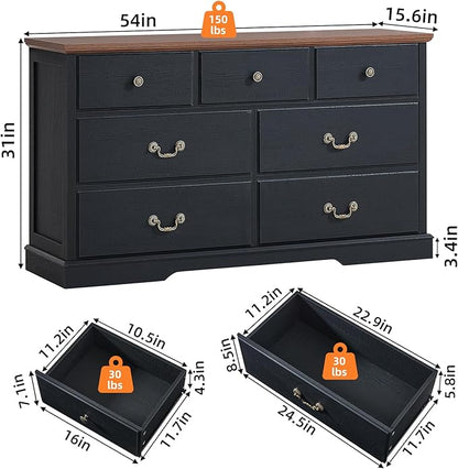 Farmhouse 7 Drawer Dresser for Bedroom,55" Wide Wood Rustic Chest of Drawers,Farmhouse Chest of Drawers for Bedroom,Wood Drawer Organizer for Living Room, Hallway,Bedroom,Black