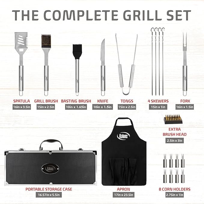 Kaluns Grilling Accessories, Dad Gifts for Fathers Day, Grilling Gifts, Heavy Duty Stainless Steel BBQ Tool Set for Outdoor Grill with Aluminum Case and Apron, Birthday Gifts for Men Women