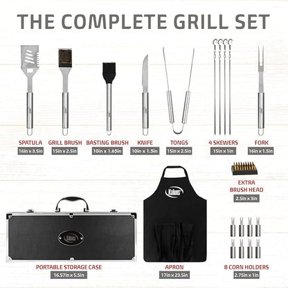 Kaluns Grilling Accessories, Dad Gifts for Fathers Day, Grilling Gifts, Heavy Duty Stainless Steel BBQ Tool Set for Outdoor Grill with Aluminum Case and Apron, Birthday Gifts for Men Women