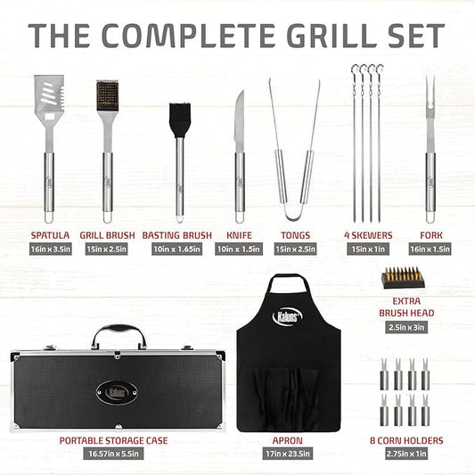 Kaluns Grilling Accessories, Dad Gifts for Fathers Day, Grilling Gifts, Heavy Duty Stainless Steel BBQ Tool Set for Outdoor Grill with Aluminum Case and Apron, Birthday Gifts for Men Women