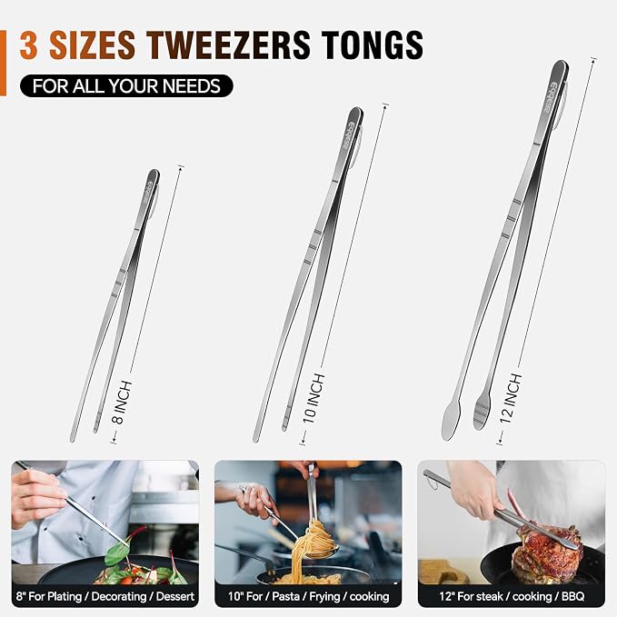 Eddeas Kitchen Tweezers Tongs, Cooking Tweezers Stainless Steel - 3 Size 12'' 10'' & 8 inch Ideal for Meat, pasta, plating and pinching delicate small pieces of food, Set of 3
