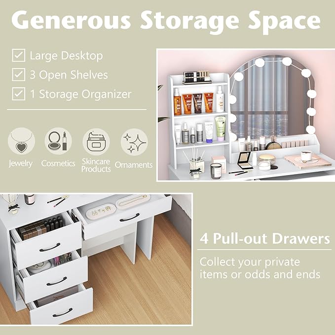 COSTWAY Vanity Desk with Mirror and Lights, Dressing Table with Charging Station, 3 Shelves, 1 Tabletop Storage Organizer, 4 Drawers and Stool, Bedroom Makeup Vanity Set for Girl, Teen, Women (White)