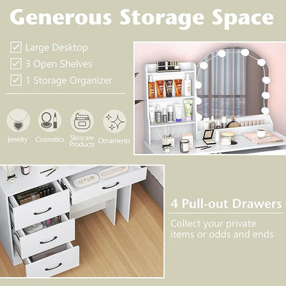 COSTWAY Vanity Desk with Mirror and Lights, Dressing Table with Charging Station, 3 Shelves, 1 Tabletop Storage Organizer, 4 Drawers and Stool, Bedroom Makeup Vanity Set for Girl, Teen, Women (White)