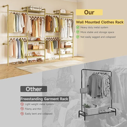 ONBRILL H4 Wall Mounted Closet System, Expandable Industrial Pipe Clothes Rack Clothing Rack for Hanging Clothes, Heavy Duty Closet Organizers and Storage in Wardrobe Closet - Gold