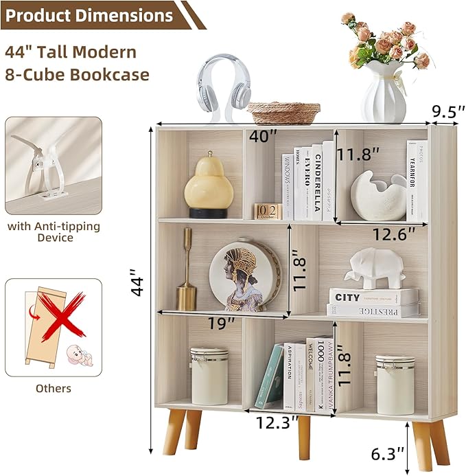 LEYAOYAO 8 Cube Bookshelf,3 Tier Bookcase with Legs,Light Grey White Mid-Century Modern Bookshelves,Large Open Storage Organizer Shelf, Wooden Book Case