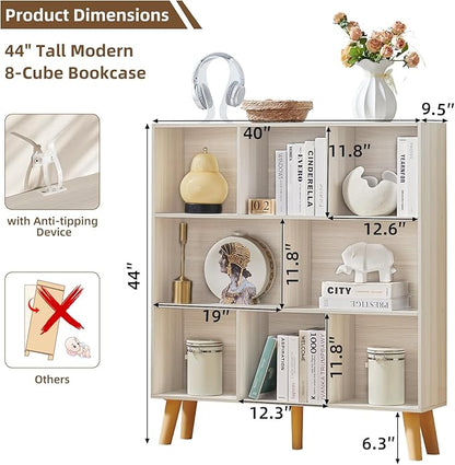 LEYAOYAO 8 Cube Bookshelf,3 Tier Bookcase with Legs,Light Grey White Mid-Century Modern Bookshelves,Large Open Storage Organizer Shelf, Wooden Book Case