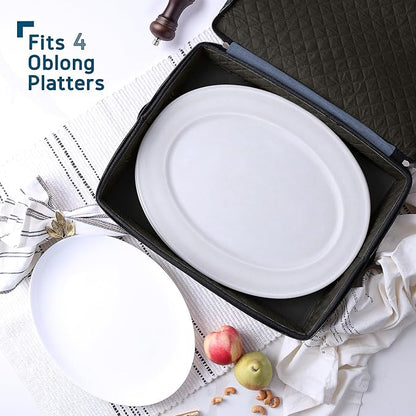 Platter Storage Case – Fine China Storage Containers Hard Shell, Quilted and Stackable 16”x 12.5”x 3.5” Platter Storage Container with Handles and Felt Dividers for Moving and Seasonal Storage, Blue