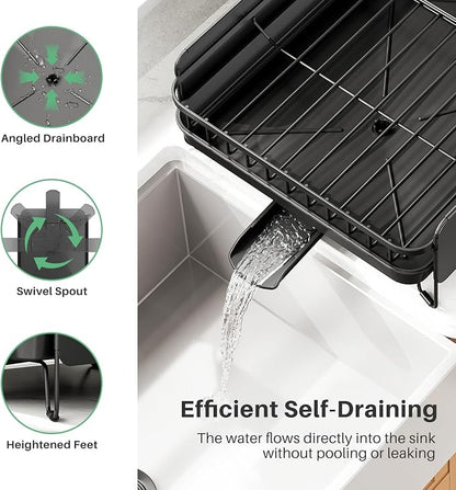 SNTD Large Dish Drying Rack - Expandable (19.3" to 29.4") Dish Rack for Kitchen Counter, Stainless Steel Dish Drainer with Utensil Holder, Pan Holder & Pot Lid Holder (Black)