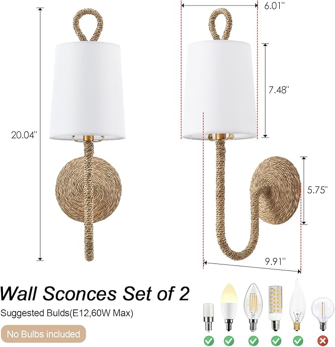 Natural Rattan Wall Sconce Set of 2, with Boho Woven Wicker and Creamy-White Fabric Shade for Vanity Stairway Fireplace Living Room Bedside Passway Hallway