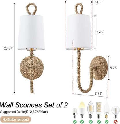 Natural Rattan Wall Sconce Set of 2, with Boho Woven Wicker and Creamy-White Fabric Shade for Vanity Stairway Fireplace Living Room Bedside Passway Hallway
