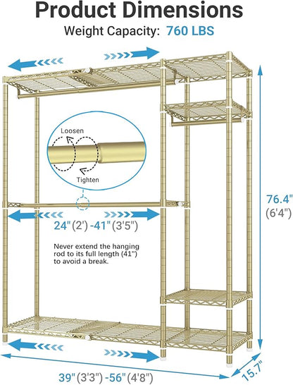 VIPEK X20 Expandable Metal Clothing Rack Adjustable from 3'3" to 4'8" Heavy Duty Garment Racks with Adjustable Shelves and Hanger Rods Portable Wardrobe Open Closet Rack System, Gold