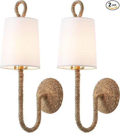Natural Rattan Wall Sconce Set of 2, with Boho Woven Wicker and Creamy-White Fabric Shade for Vanity Stairway Fireplace Living Room Bedside Passway Hallway