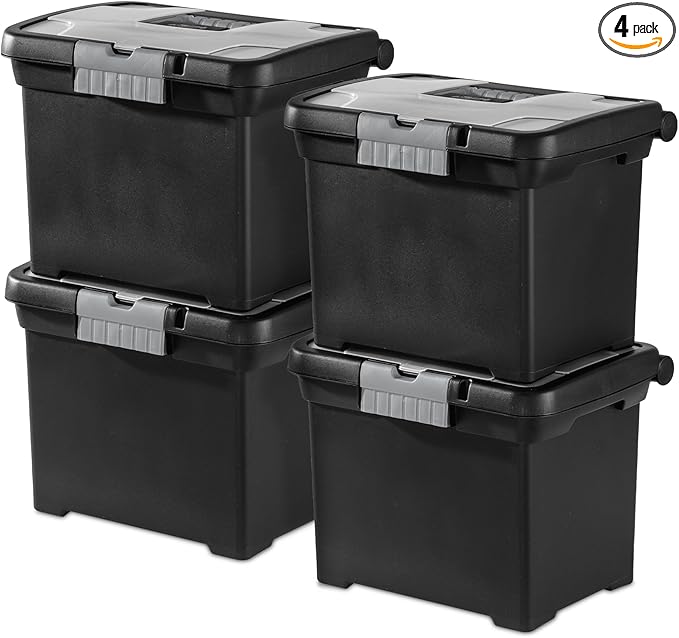 Sterilite 4-Pack Portable File Box, Stackable Container for Letter Hanging Folders, Black - Paper Document Plastic Storage Organizer with Latching Lid for Home, Office, and Dorm Organization