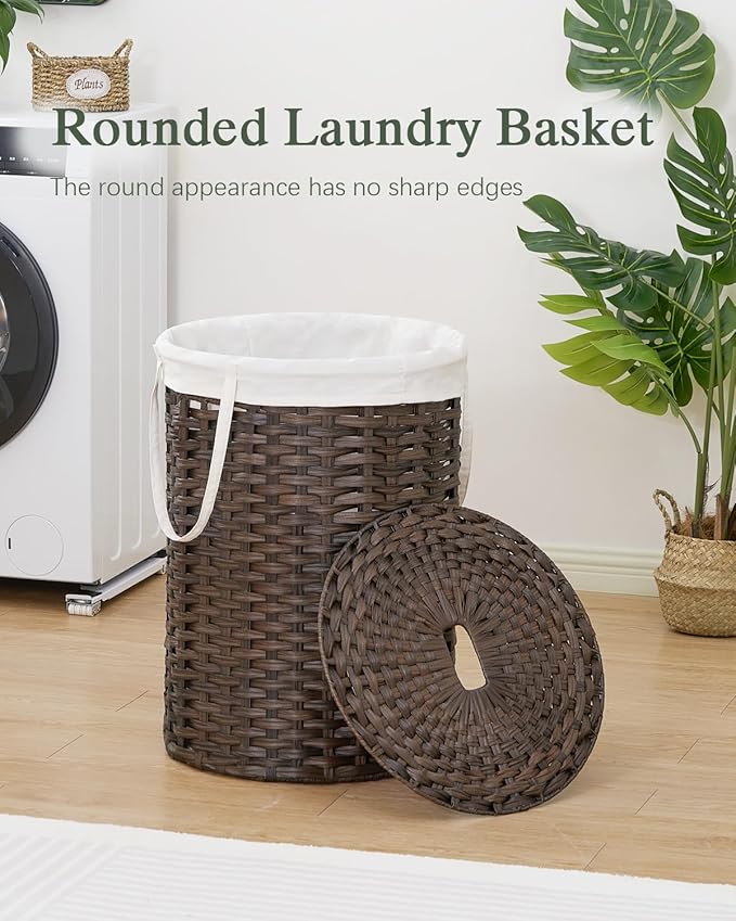SETVSON Laundry Basket with Lid Round Rattan Laundry Hamper with Lid and Handles 29.1 Gal (110 L) Handwoven Woven Basket with Removable Bags and 2 Mesh Bags for Bathroom Living Room Brown