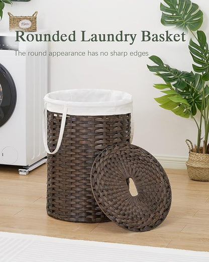 SETVSON Laundry Basket with Lid Round Rattan Laundry Hamper with Lid and Handles 29.1 Gal (110 L) Handwoven Woven Basket with Removable Bags and 2 Mesh Bags for Bathroom Living Room Brown