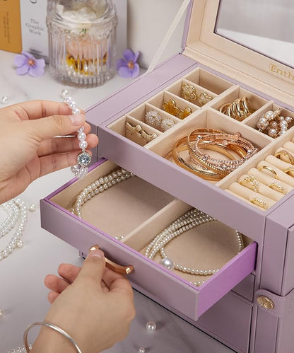 Jewelry Box with 3 Drawers: Display Organizer for Earrings Necklaces - Gifts for Girls Women (Grey Purple)