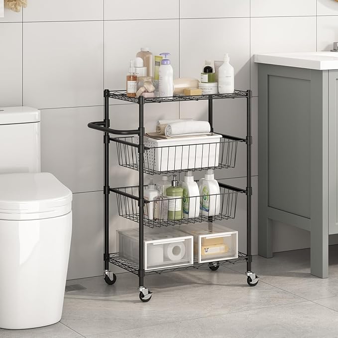 LinTimes 4 Tier Rolling Cart, 110 LB Capacity, Locking Casters & Handle Bar, Wire Storage Rack for Kitchen, Restaurant, Garage, Black