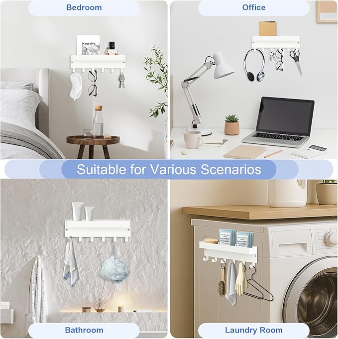 RELBRO Magnetic Key Holder for Fridge, Metal Wall Mount Key Rack with Shelf, 6 Hooks, 2 Installation Options, White