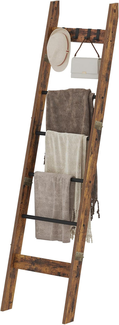 Hzuaneri Blanket Ladder for Living Room, Decorative Quilt Rack with 4 Removable Hooks, 5-Tier Farmhouse Ladder Holder Shelf Organizer for Bedroom, Rustic Brown and Black BR31501B