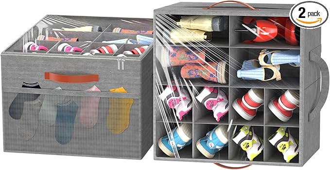 Aokeyee Shoe Organizer for Closet, 2 Pack Foldable Shoe Storage Organizer Box w/Clear Cover and 4 Reinforced Handles, Space Saving Shoes Bin Fits up to 16-32 Pairs, Grey